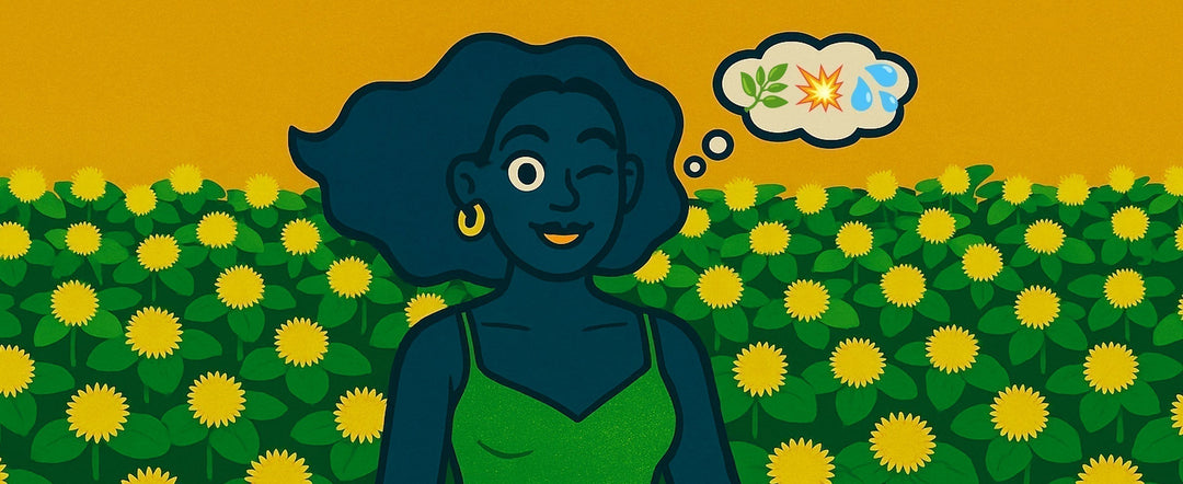 Lubrificante de jambu Imagem de uma mulher com cabelo cacheado em um campo florido, representando o lubrificante de jambu.