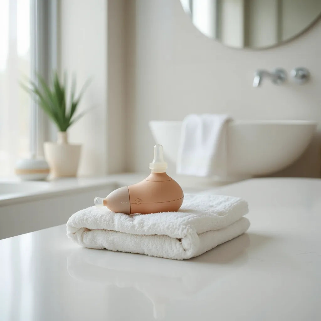 Dispositivo de sucção íntima em toalha branca, em ambiente minimalista com luz natural suave